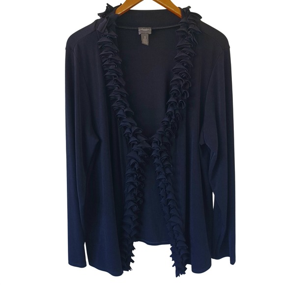 Chicos Travelers Black Ruffle Trim Open Front Cardigan Ribbed Knit Size 3 XL - Picture 1 of 10